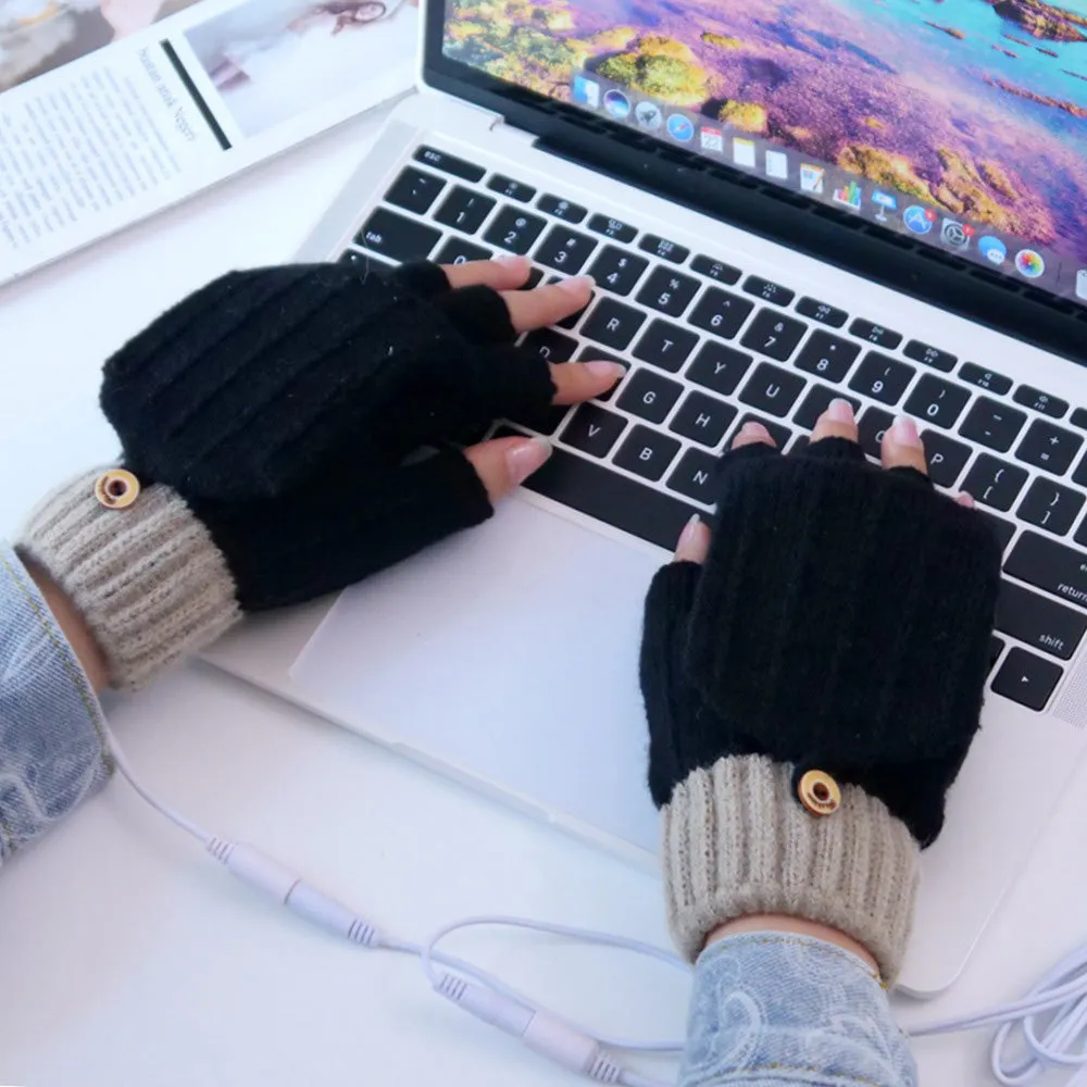 1 Pair Gloves Heating Fiber Winter Hands Warm Gloves Knitting USB Heated Half Finger Warmer