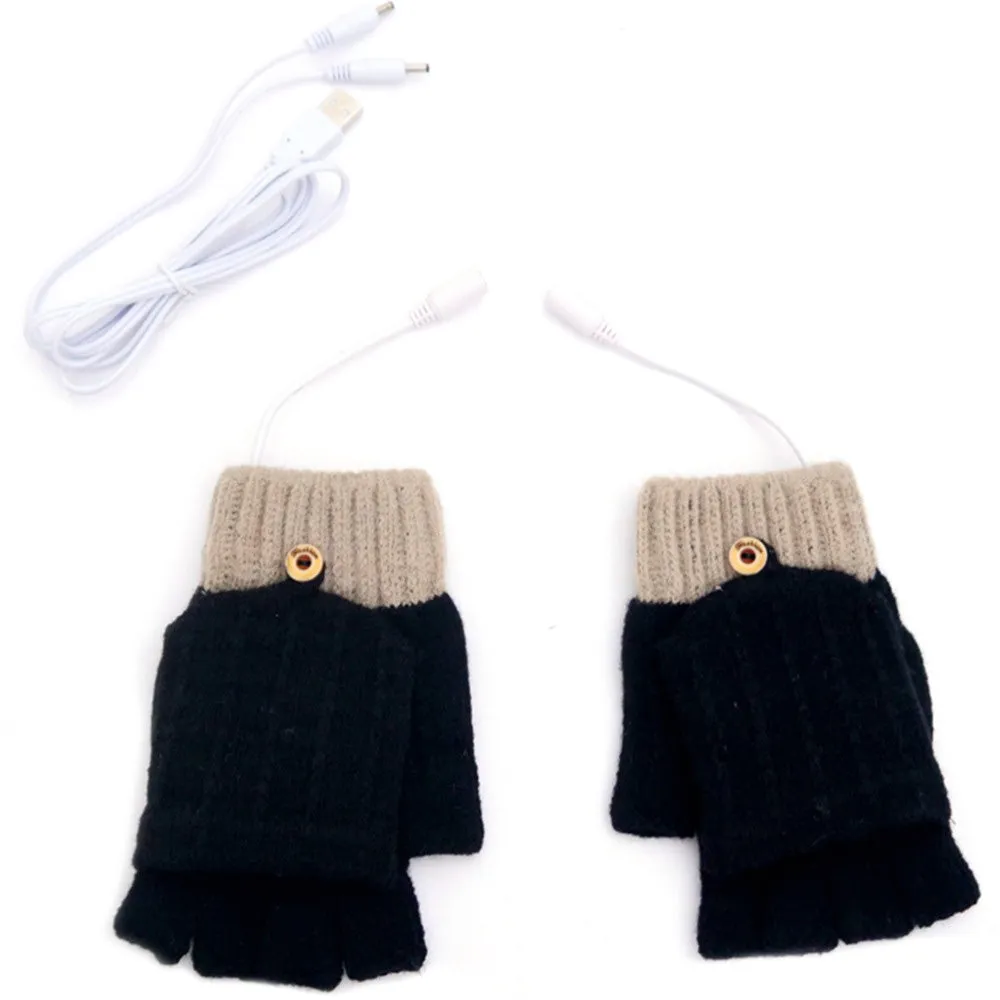 1 Pair Gloves Heating Fiber Winter Hands Warm Gloves Knitting USB Heated Half Finger Warmer