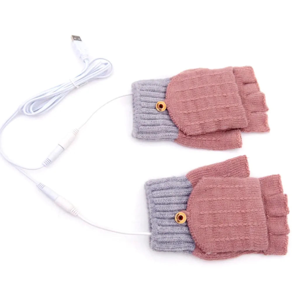 1 Pair Gloves Heating Fiber Winter Hands Warm Gloves Knitting USB Heated Half Finger Warmer