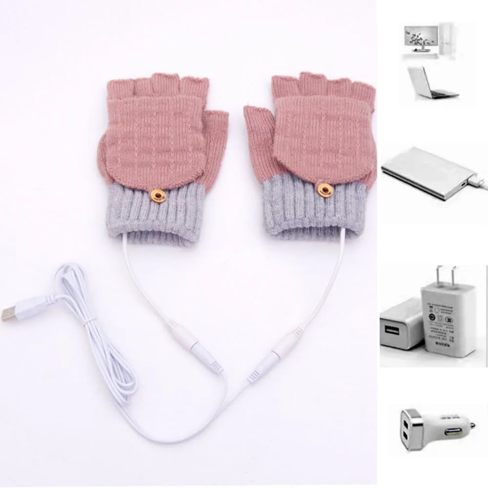 1 Pair Gloves Heating Fiber Winter Hands Warm Gloves Knitting USB Heated Half Finger Warmer