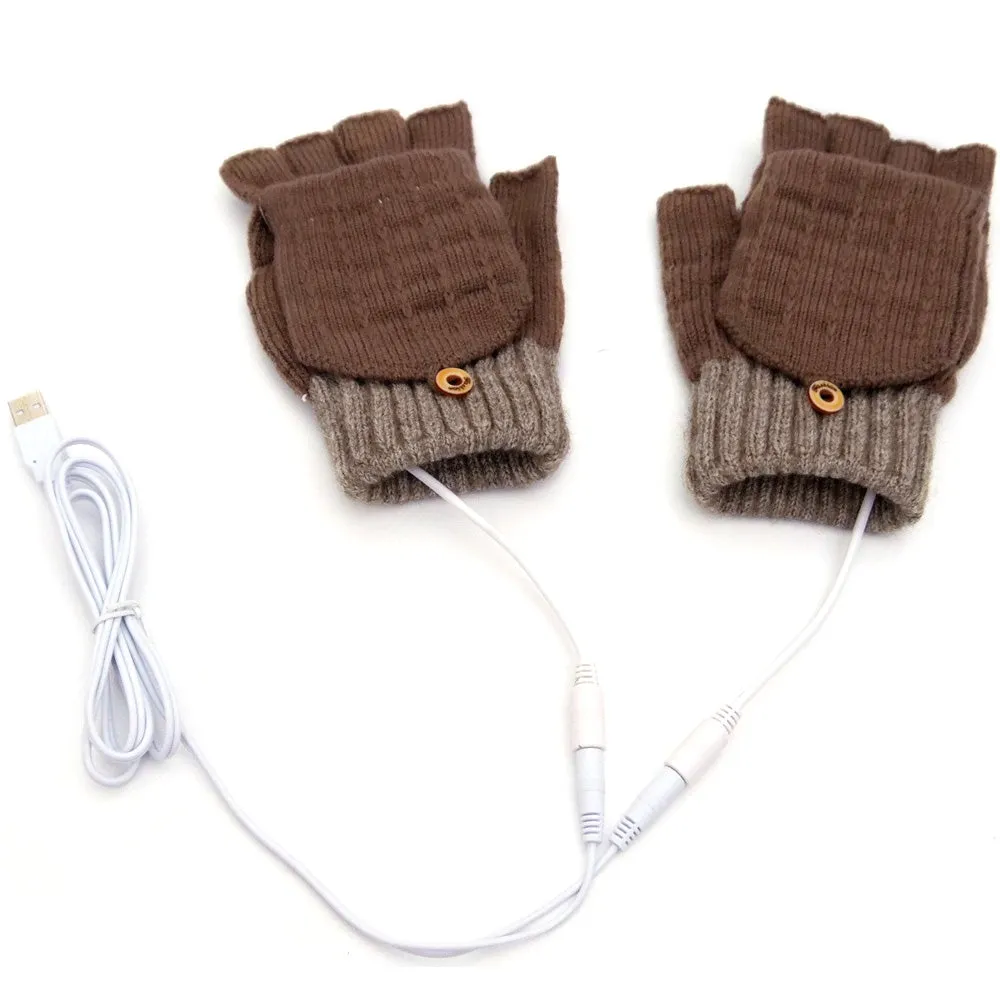 1 Pair Gloves Heating Fiber Winter Hands Warm Gloves Knitting USB Heated Half Finger Warmer