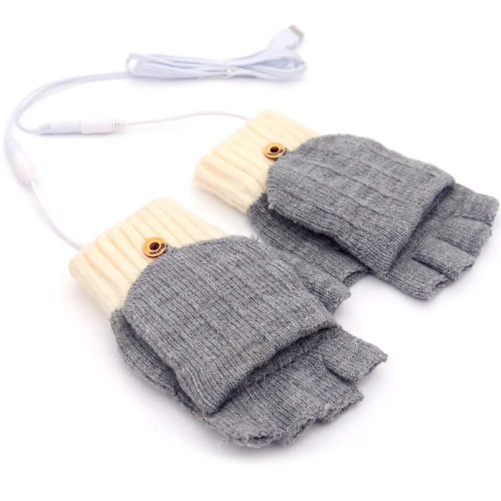 1 Pair Gloves Heating Fiber Winter Hands Warm Gloves Knitting USB Heated Half Finger Warmer