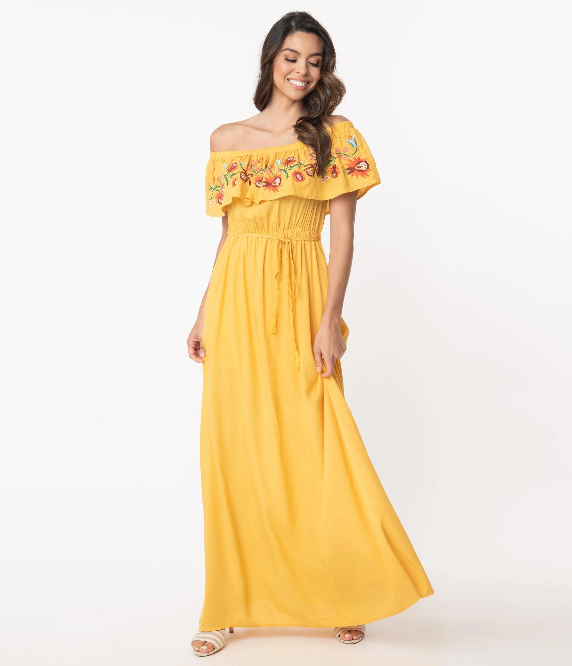 1970s Honey Mustard Off Shoulder Maxi Dress