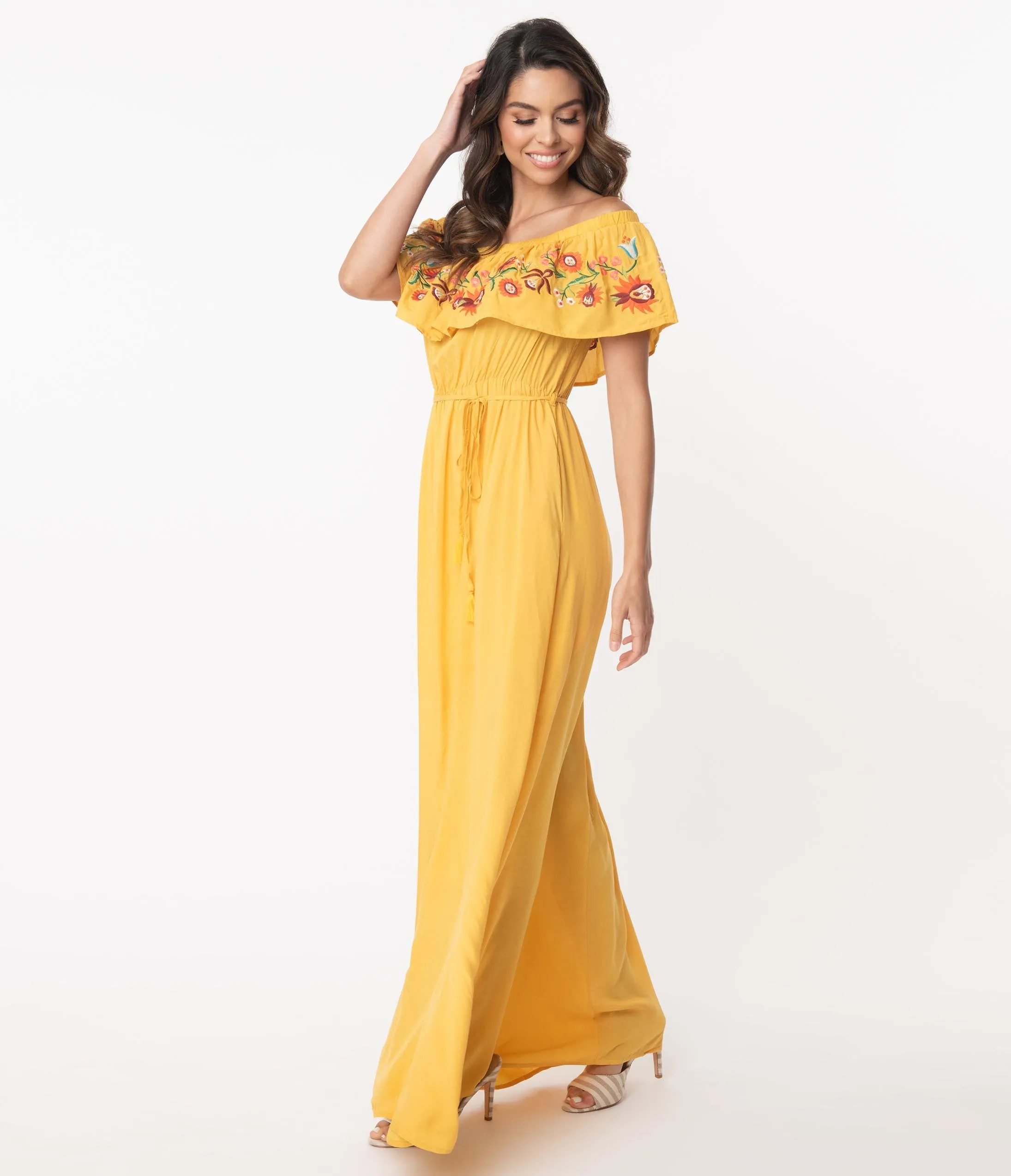 1970s Honey Mustard Off Shoulder Maxi Dress