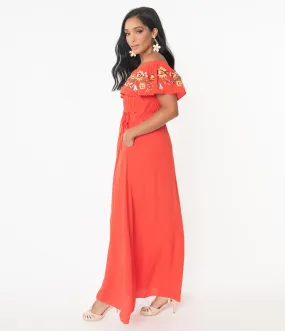 1970s Tomato Red Off Shoulder Maxi Dress