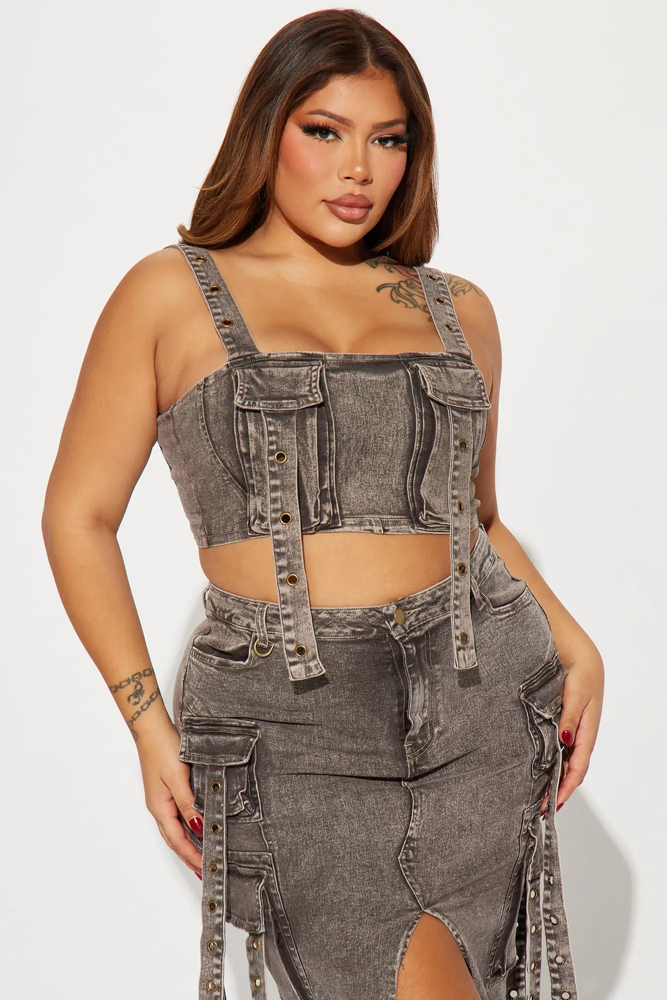 Acting Up Denim Skirt Set - Black