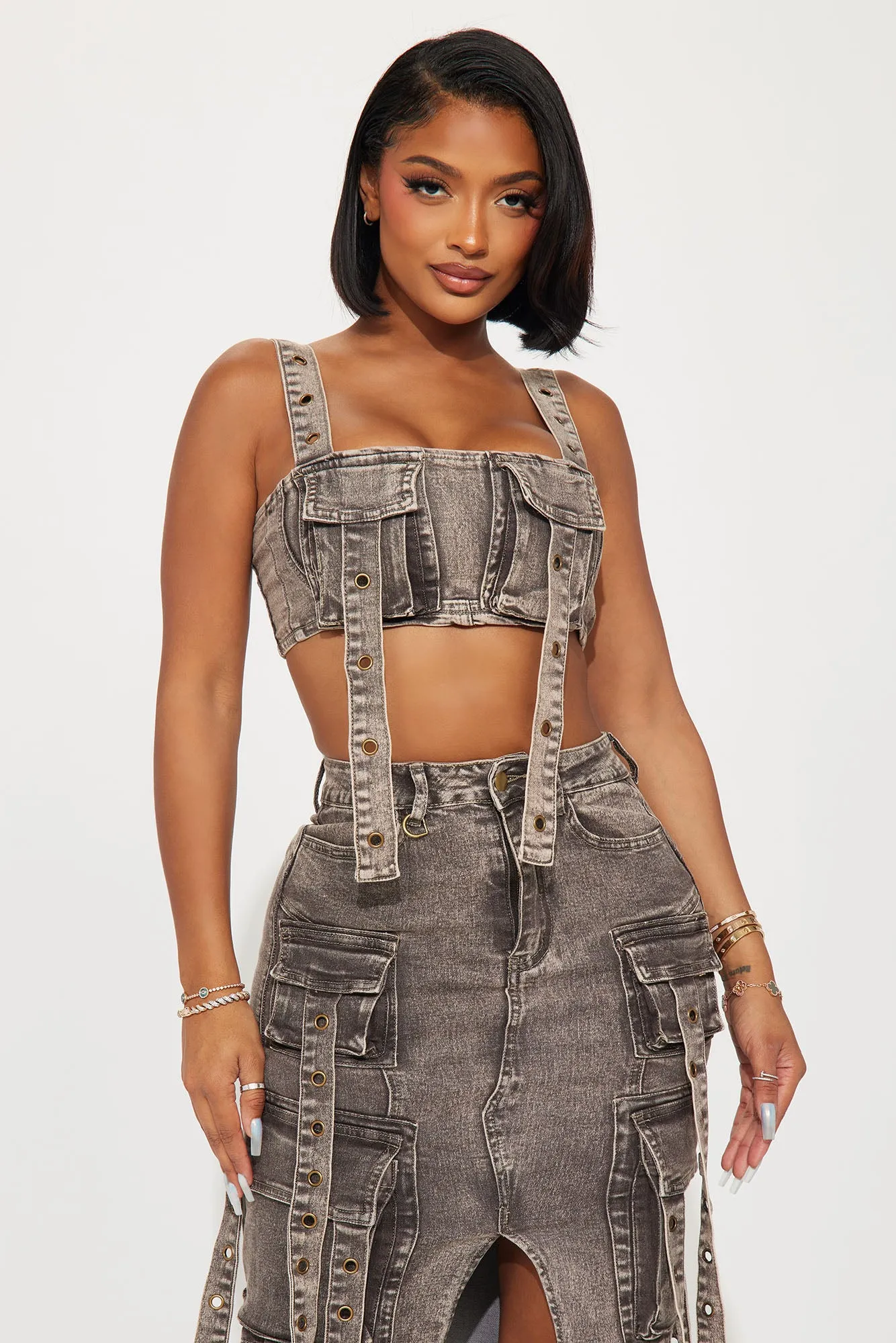 Acting Up Denim Skirt Set - Black