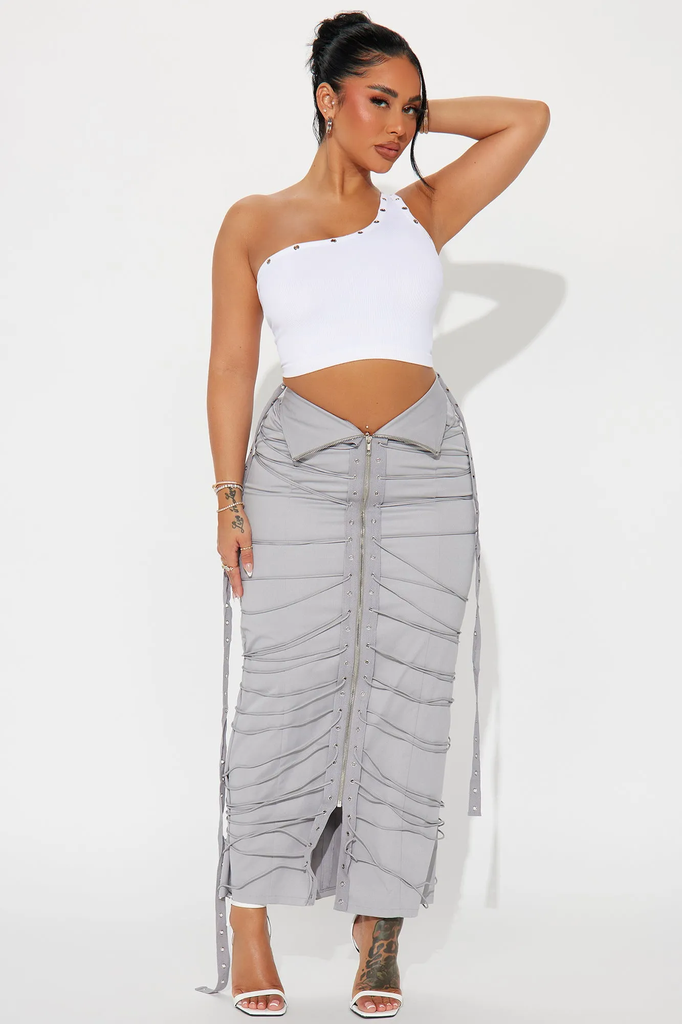 All In The Details Strappy Maxi Skirt - Grey