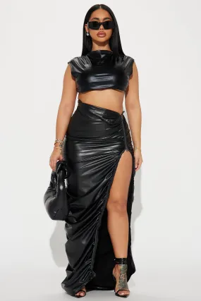 Angelina Ruched Faux Leather Maxi Skirt - Black