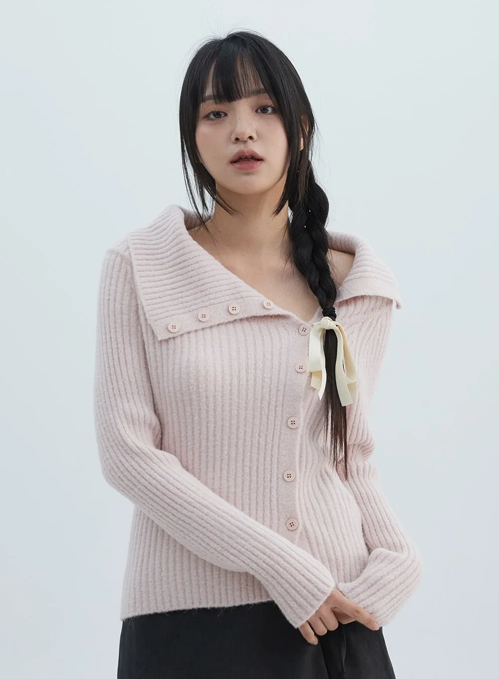 Asymmetrical Button Open Collar Knit Sweater ON313