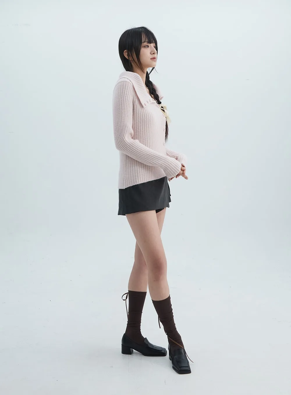 Asymmetrical Button Open Collar Knit Sweater ON313