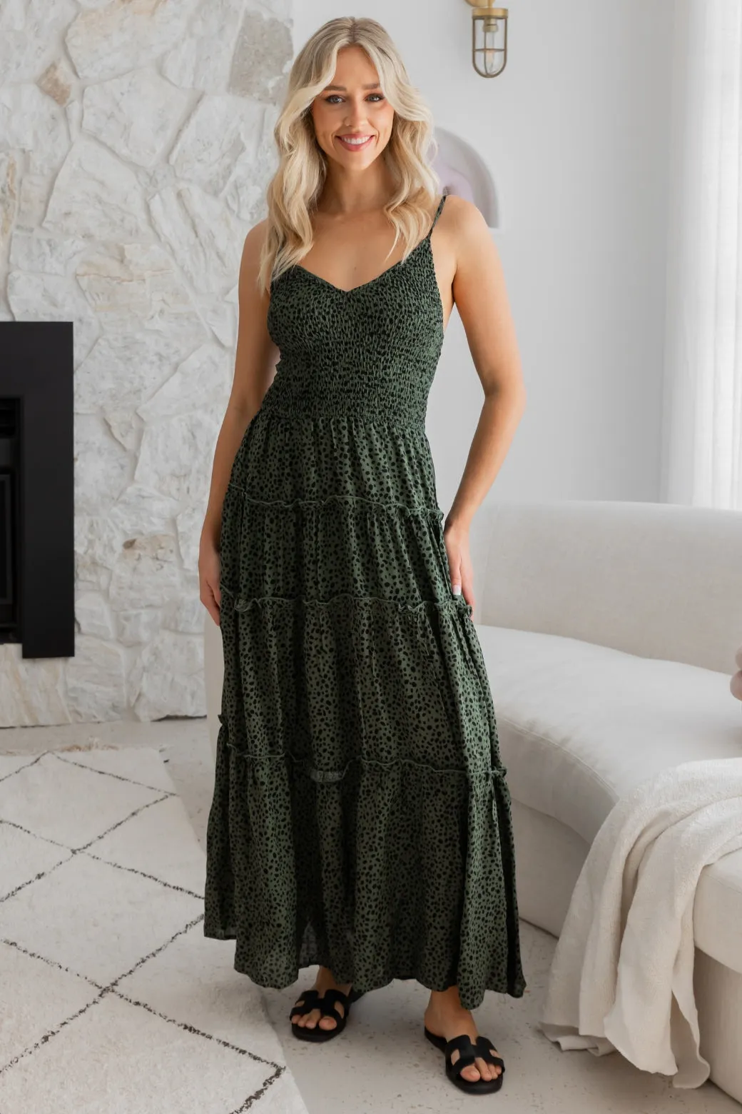 Austen Shirred Maxi Dress Khaki Speckle