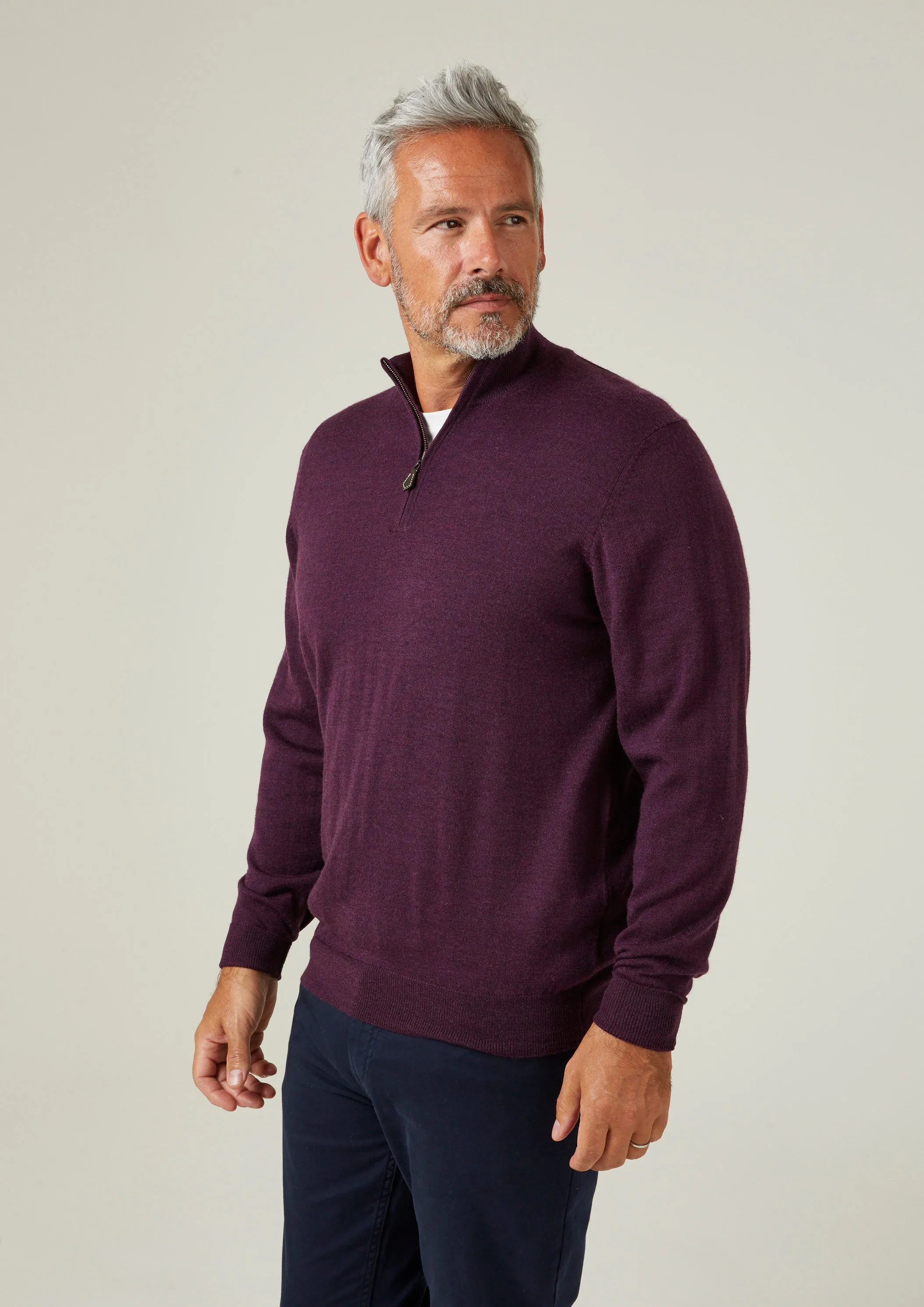 Barton Merino Wool 1/4 Zip Mock Jumper in Black Grape - Regular Fit