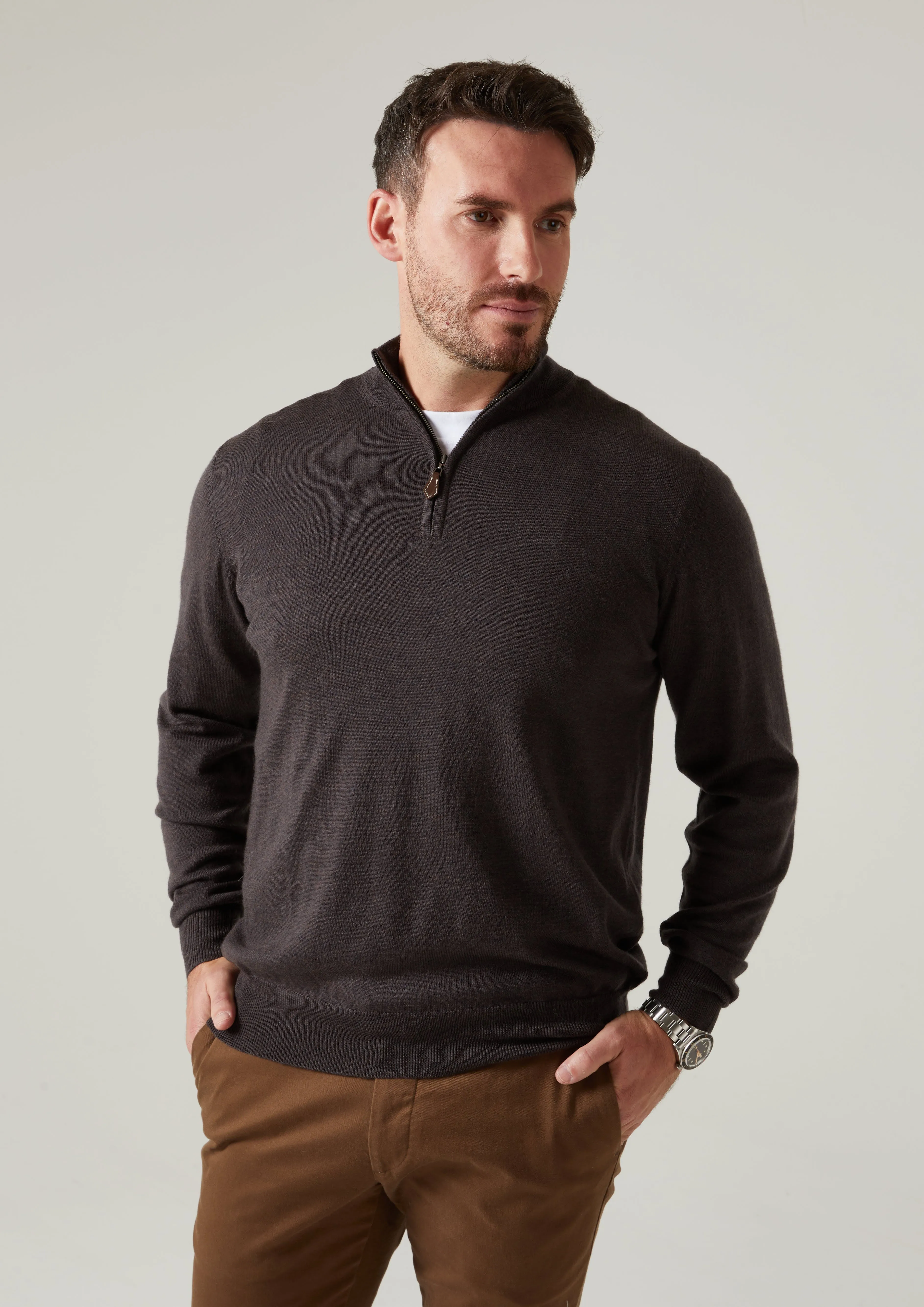 Barton Merino Wool 1/4 Zip Mock Jumper in Dark Brown - Regular Fit