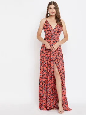 Berrylush Women Orange Floral Printed V-Neck Thigh-High Slit Maxi Dress