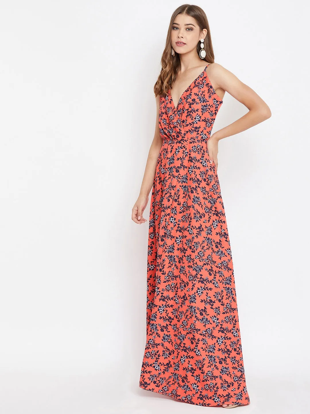 Berrylush Women Orange Floral Printed V-Neck Thigh-High Slit Maxi Dress