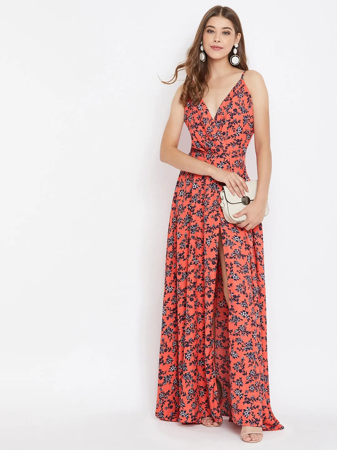 Berrylush Women Orange Floral Printed V-Neck Thigh-High Slit Maxi Dress