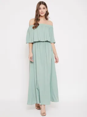 Berrylush Women Solid Light Green Off-Shoulder Neck Three-Quarter Sleeve Crepe Flared Maxi Dress