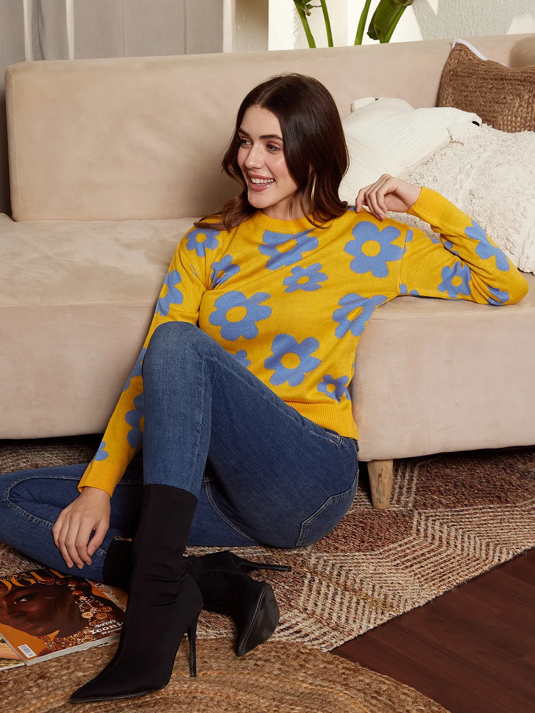 Berrylush Women Yellow & Blue Floral Printed Round Neck Drop-Shoulder Sleeves Ribbed Hem Regular Sweater