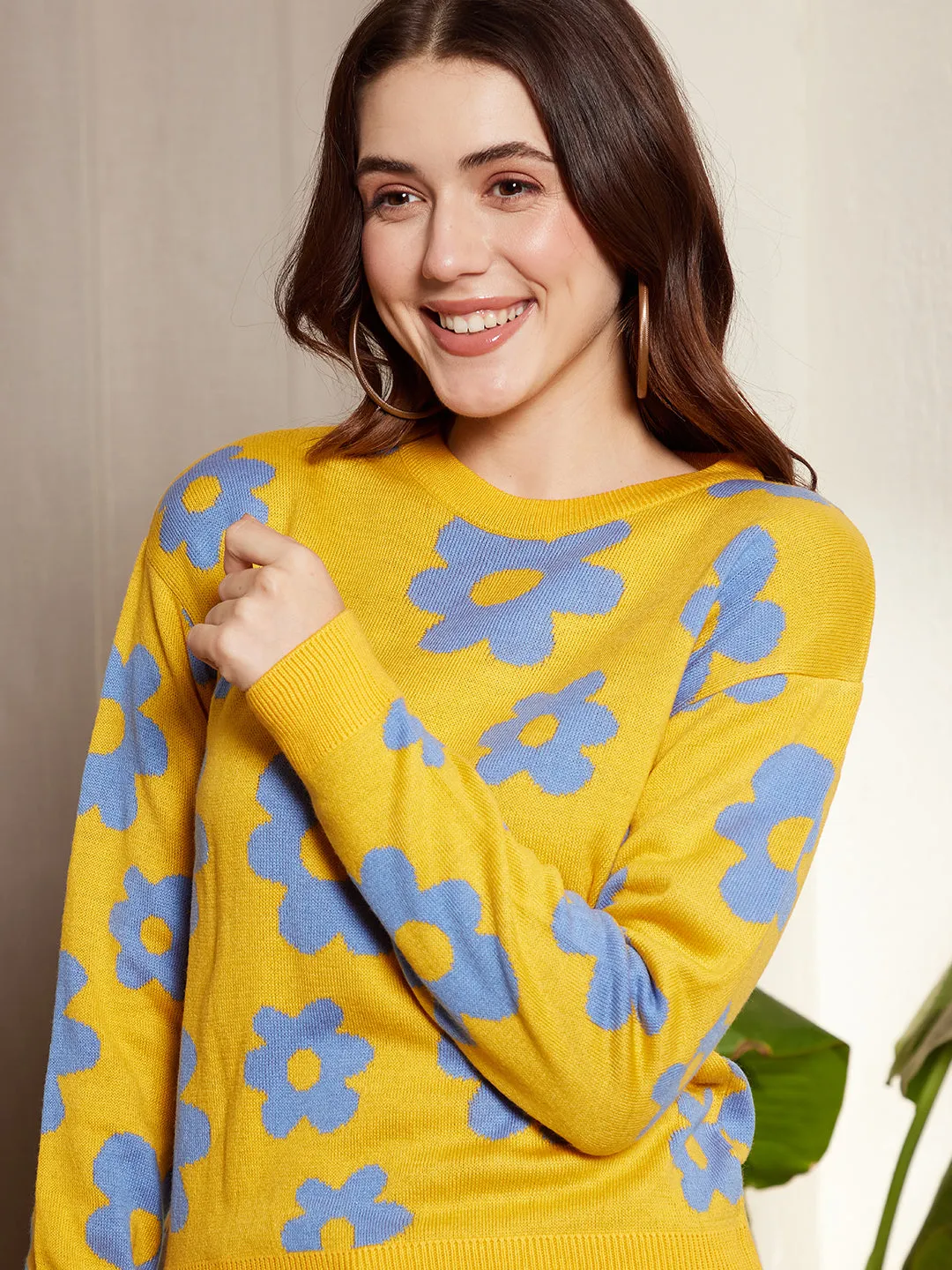 Berrylush Women Yellow & Blue Floral Printed Round Neck Drop-Shoulder Sleeves Ribbed Hem Regular Sweater