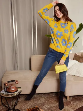 Berrylush Women Yellow & Blue Floral Printed Round Neck Drop-Shoulder Sleeves Ribbed Hem Regular Sweater