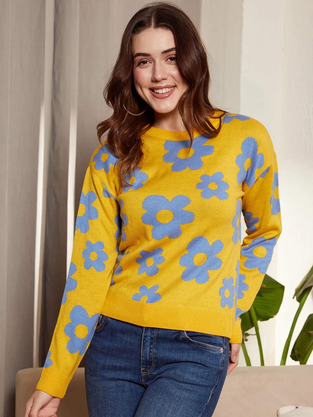 Berrylush Women Yellow & Blue Floral Printed Round Neck Drop-Shoulder Sleeves Ribbed Hem Regular Sweater