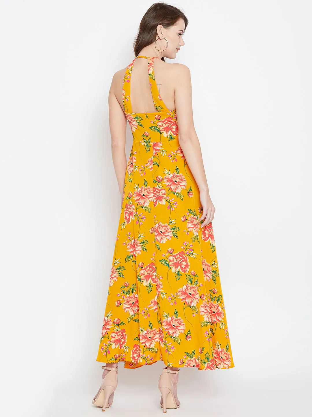 Berrylush Women Yellow & Red Floral Printed Square Neck Thigh-High Slit Flared Maxi Dress