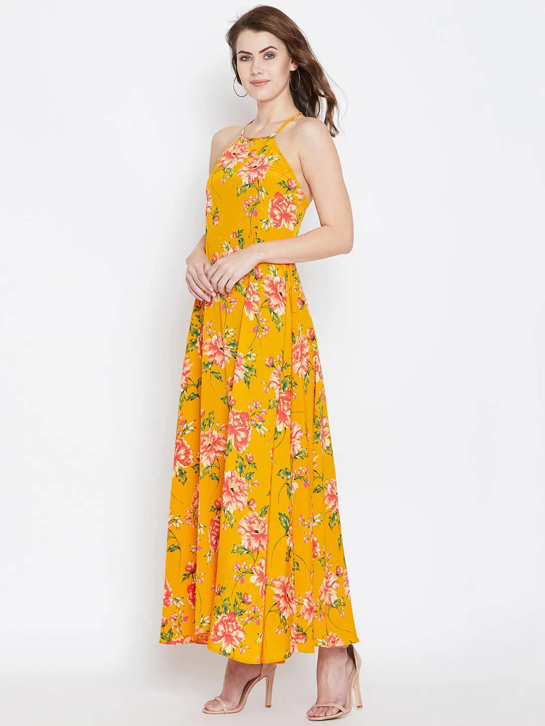 Berrylush Women Yellow & Red Floral Printed Square Neck Thigh-High Slit Flared Maxi Dress