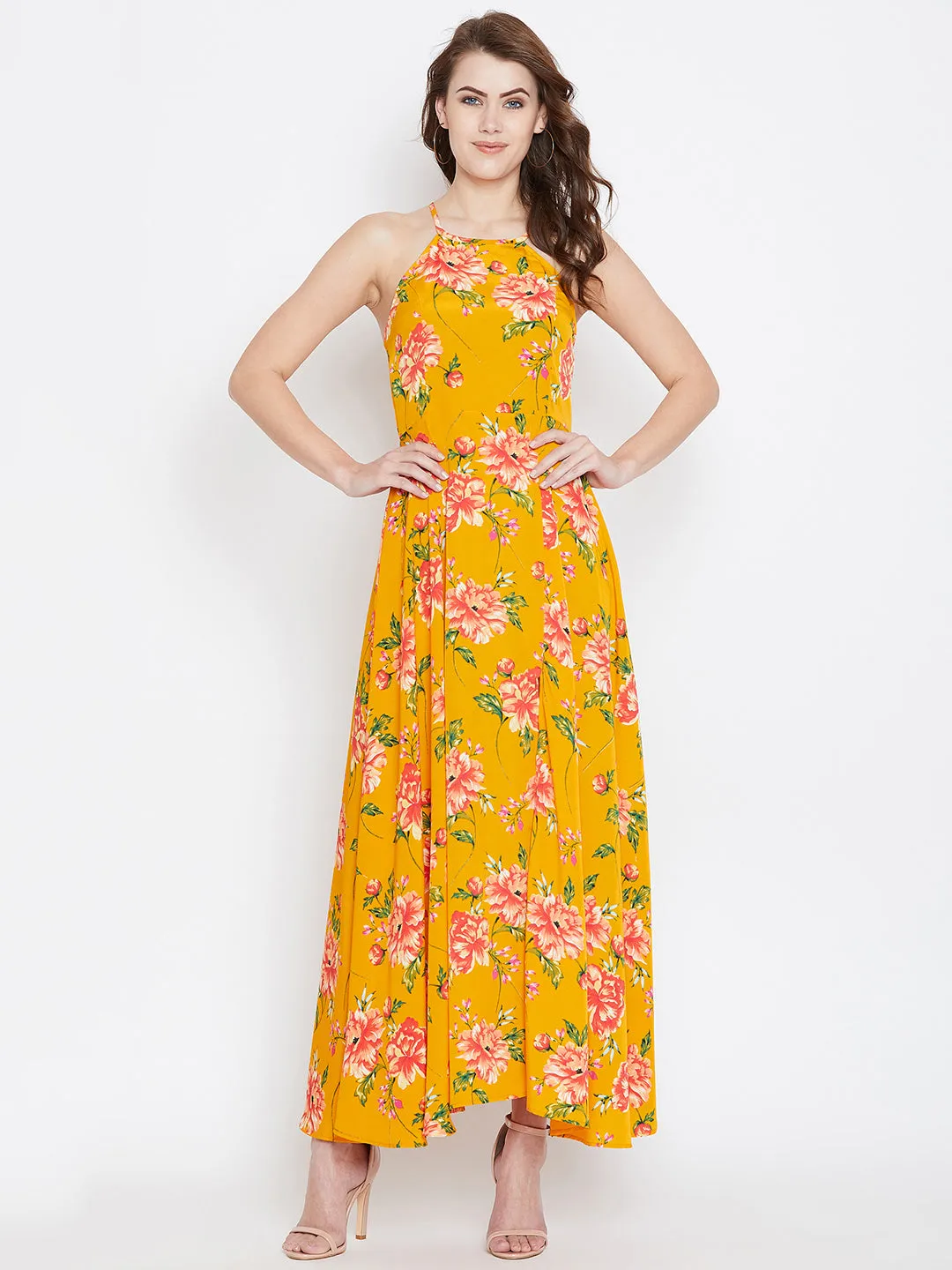 Berrylush Women Yellow & Red Floral Printed Square Neck Thigh-High Slit Flared Maxi Dress