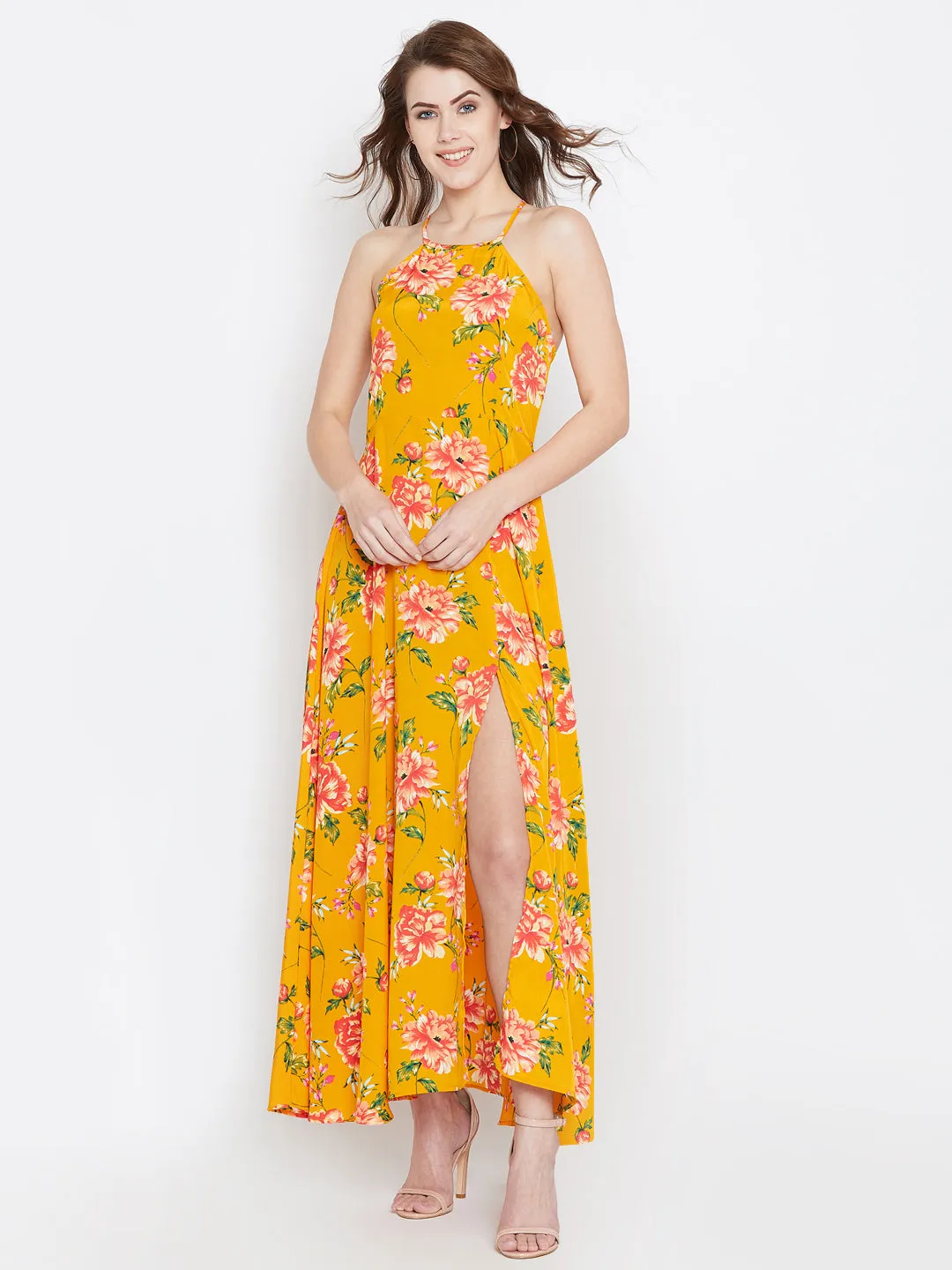 Berrylush Women Yellow & Red Floral Printed Square Neck Thigh-High Slit Flared Maxi Dress