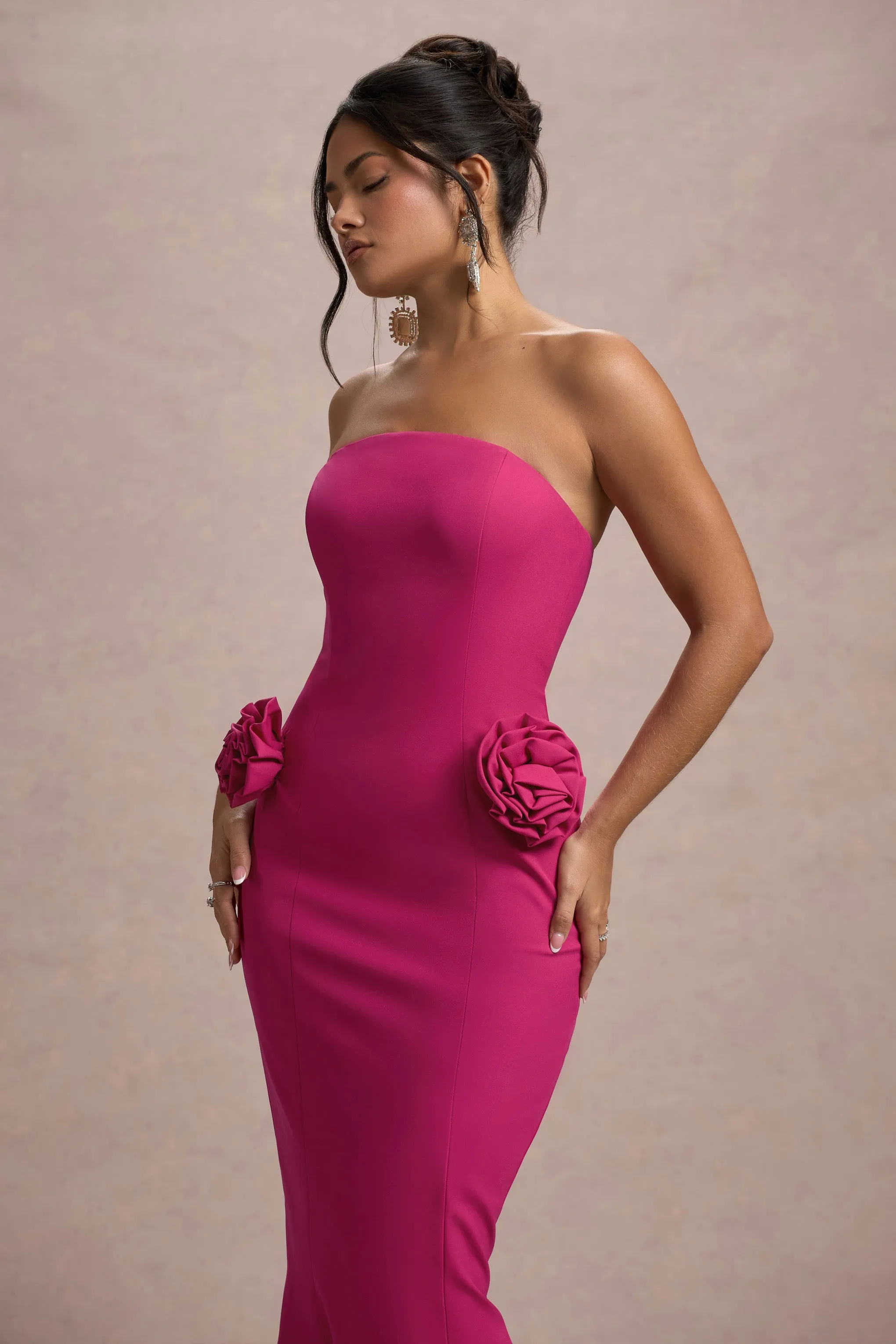 Best Of The Best | Dark Pink Strapless Fishtail Maxi Dress With Corsages