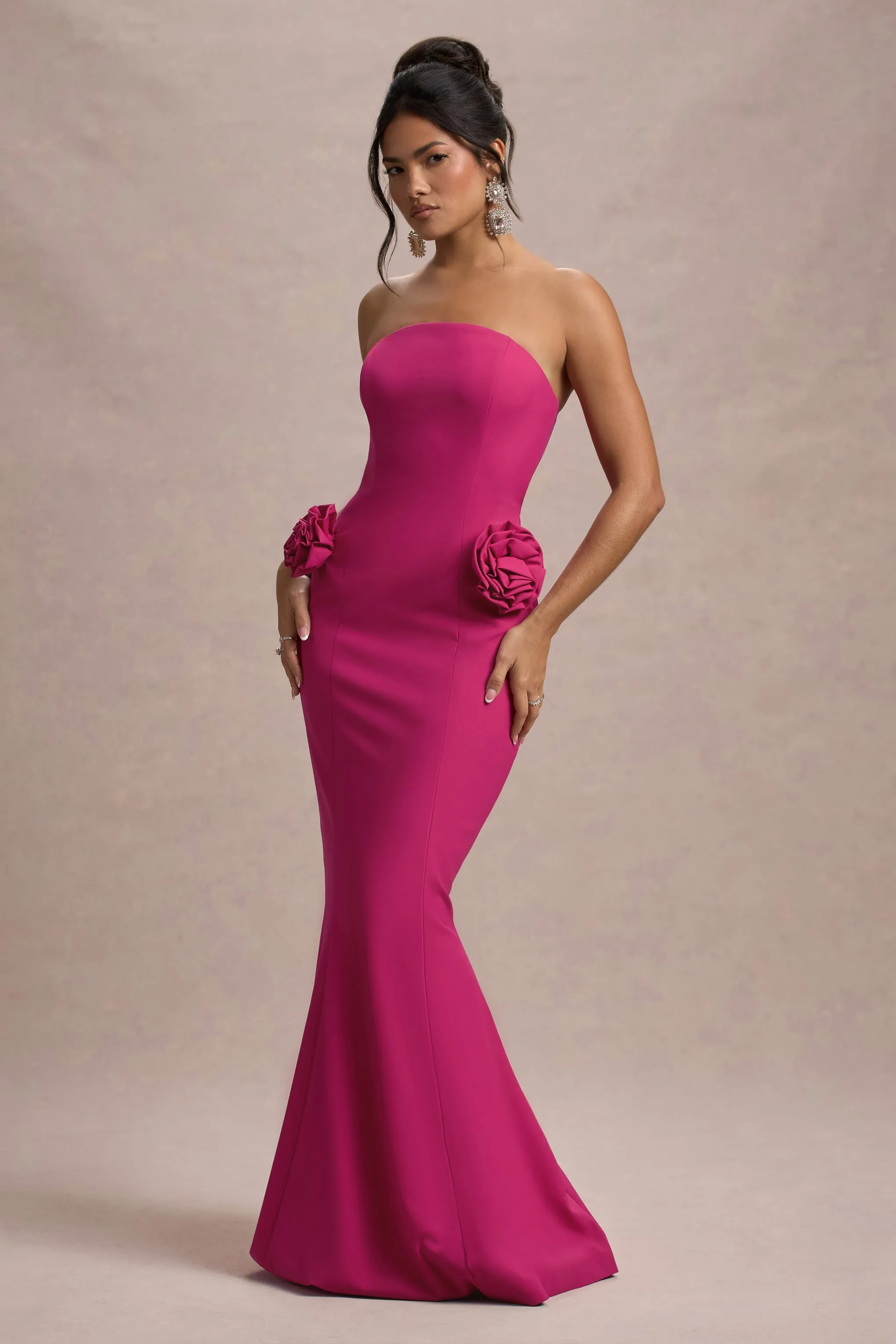 Best Of The Best | Dark Pink Strapless Fishtail Maxi Dress With Corsages