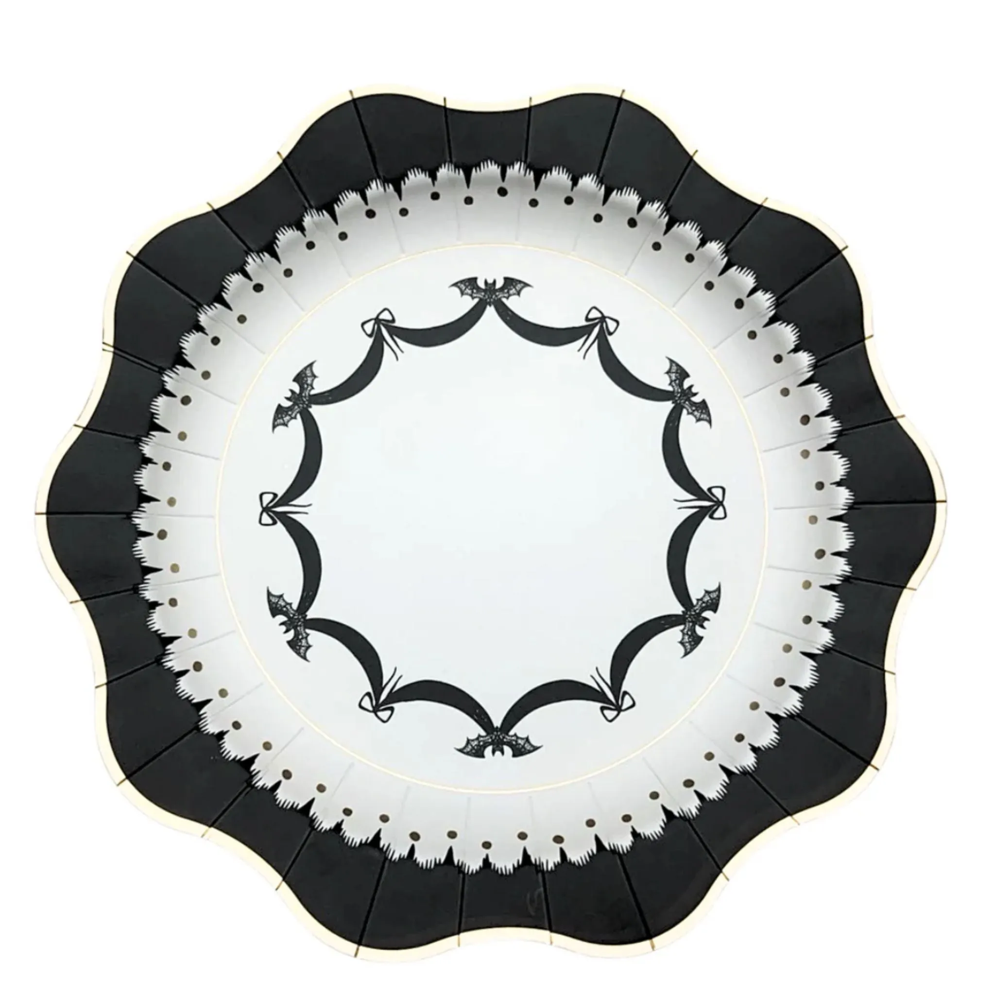 Black & White Lace And Bows Scallop Paper Party Plates | Halloween | Set 8