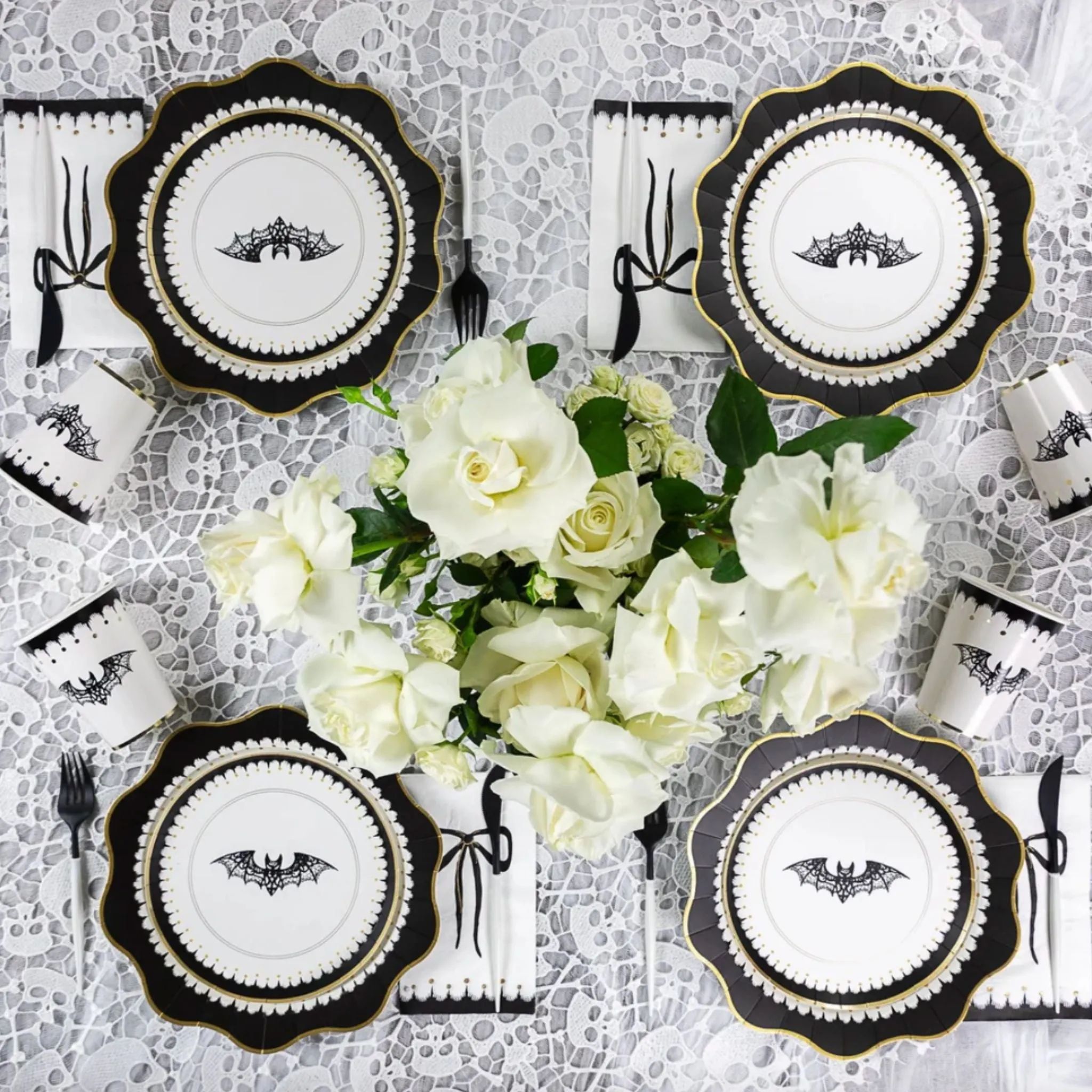 Black & White Lace Bat Paper Party Plates | Halloween | Set 8