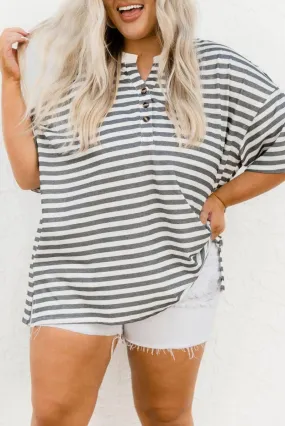 Black Henley Striped Casual Plus Size Shirt