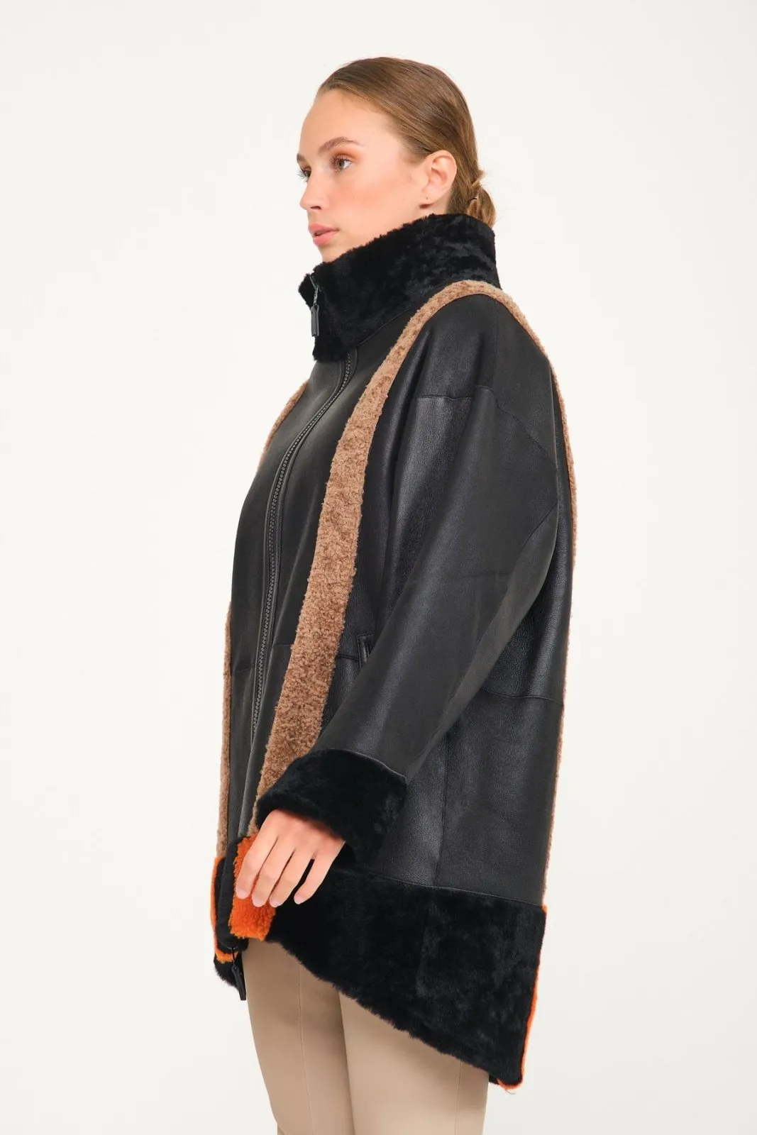 Black Shearling Double Face Leather & Fur Coat