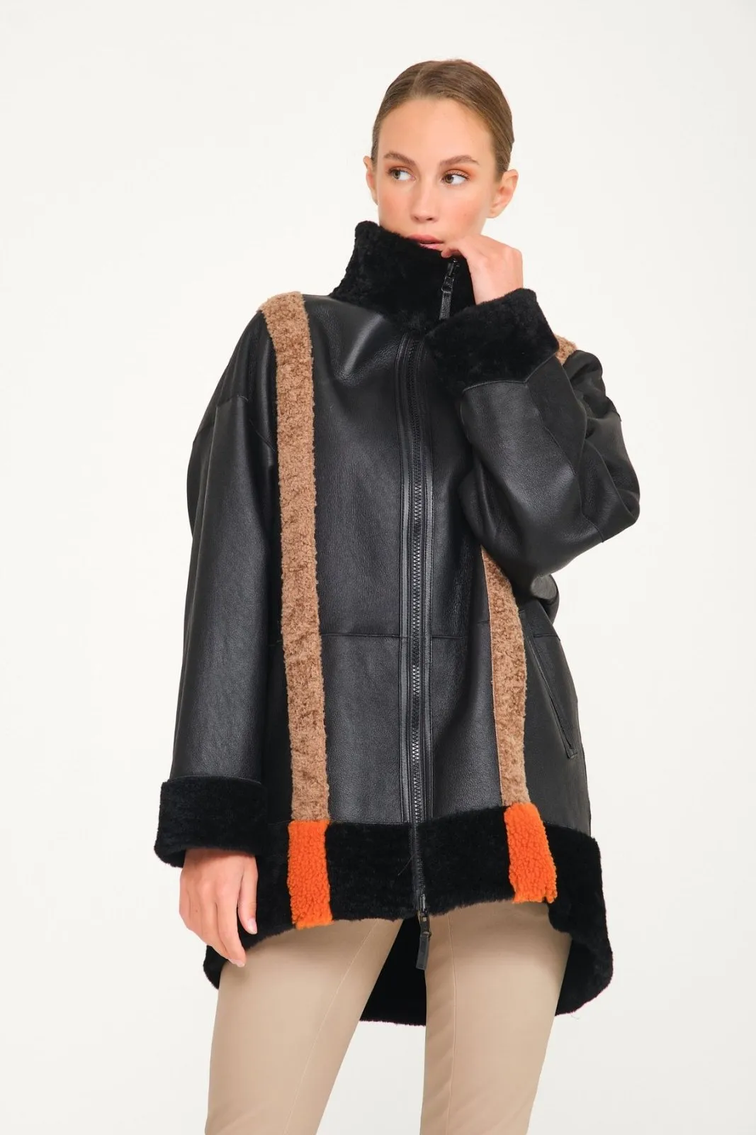 Black Shearling Double Face Leather & Fur Coat