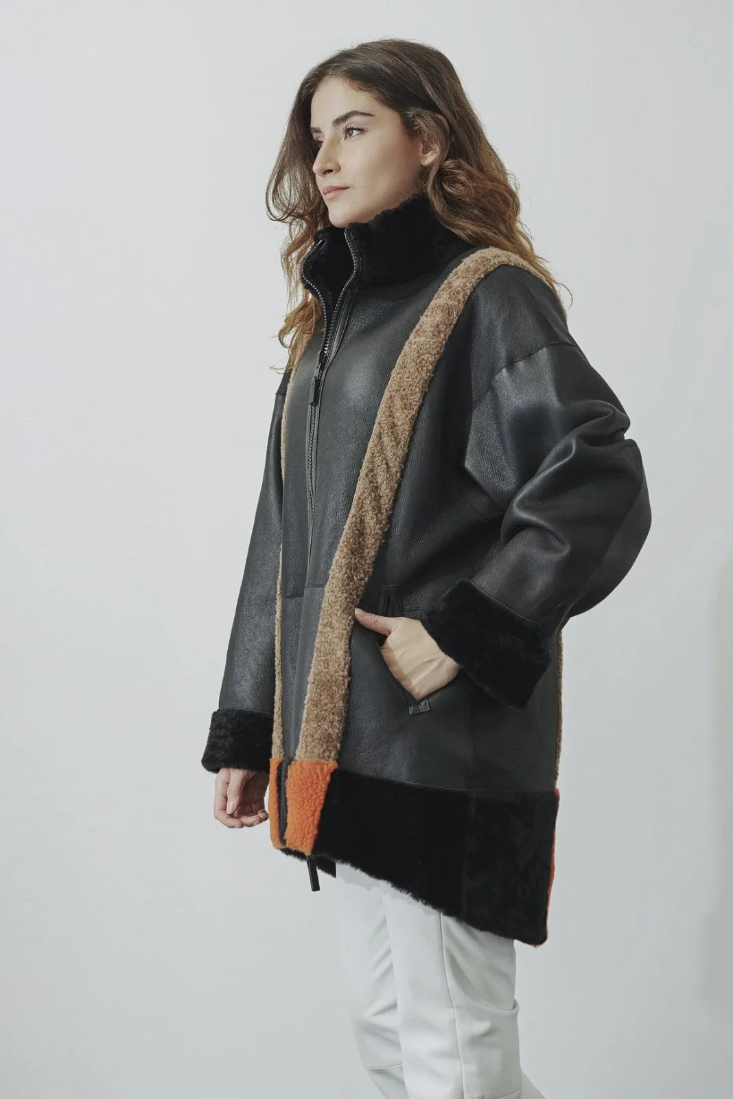 Black Shearling Double Face Leather & Fur Coat