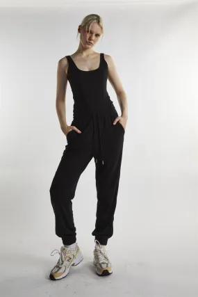 Black-Towelling High-Waisted Cuffed Joggers