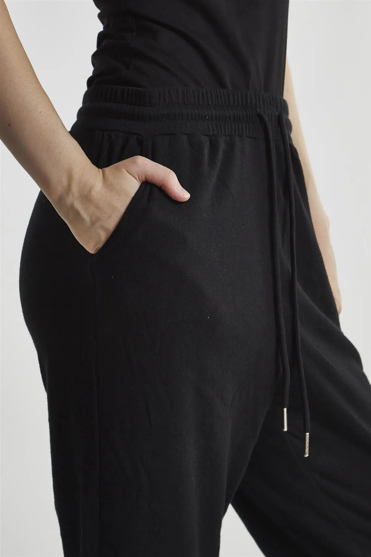 Black-Towelling High-Waisted Cuffed Joggers