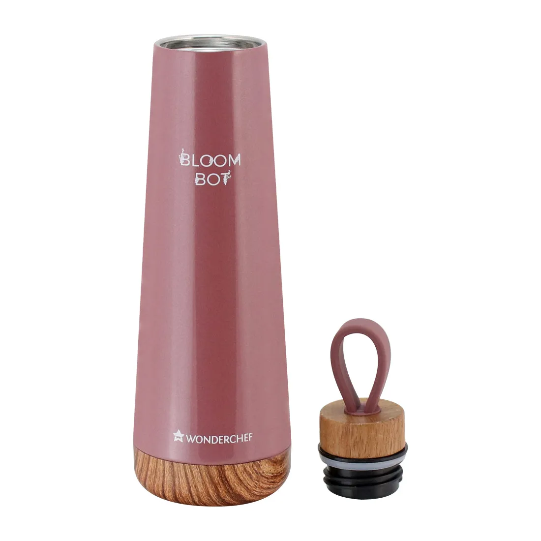 Bloom-Bot, 500ml, Stainless Steel Double wall Water Bottle, Spill & Leak-proof , Wooden Base, Rose Pearl, 2 Years Warranty