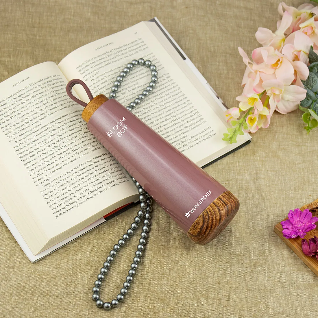 Bloom-Bot, 500ml, Stainless Steel Double wall Water Bottle, Spill & Leak-proof , Wooden Base, Rose Pearl, 2 Years Warranty