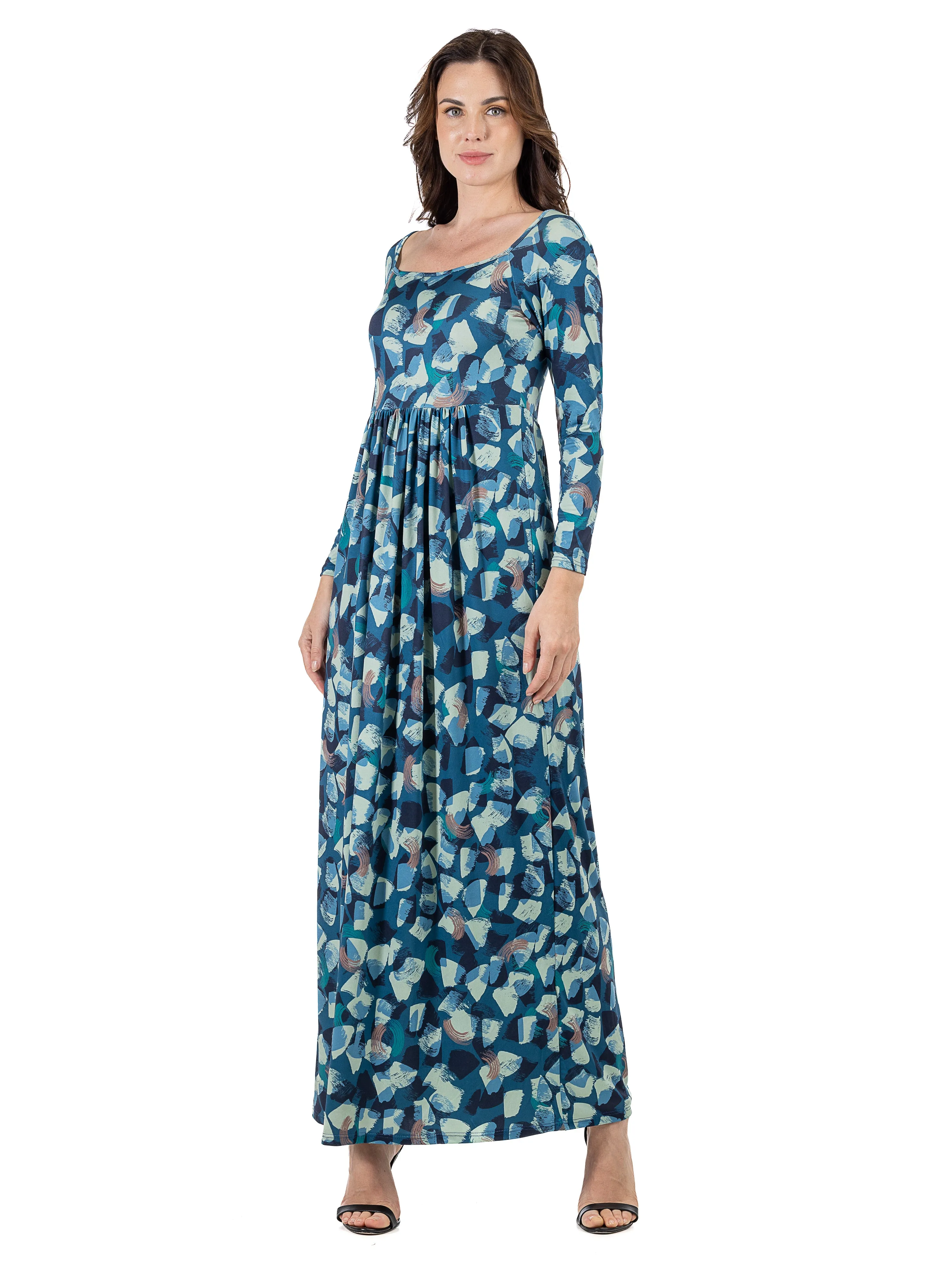 Blue Abstract Long Sleeve Pleated Maxi Dress