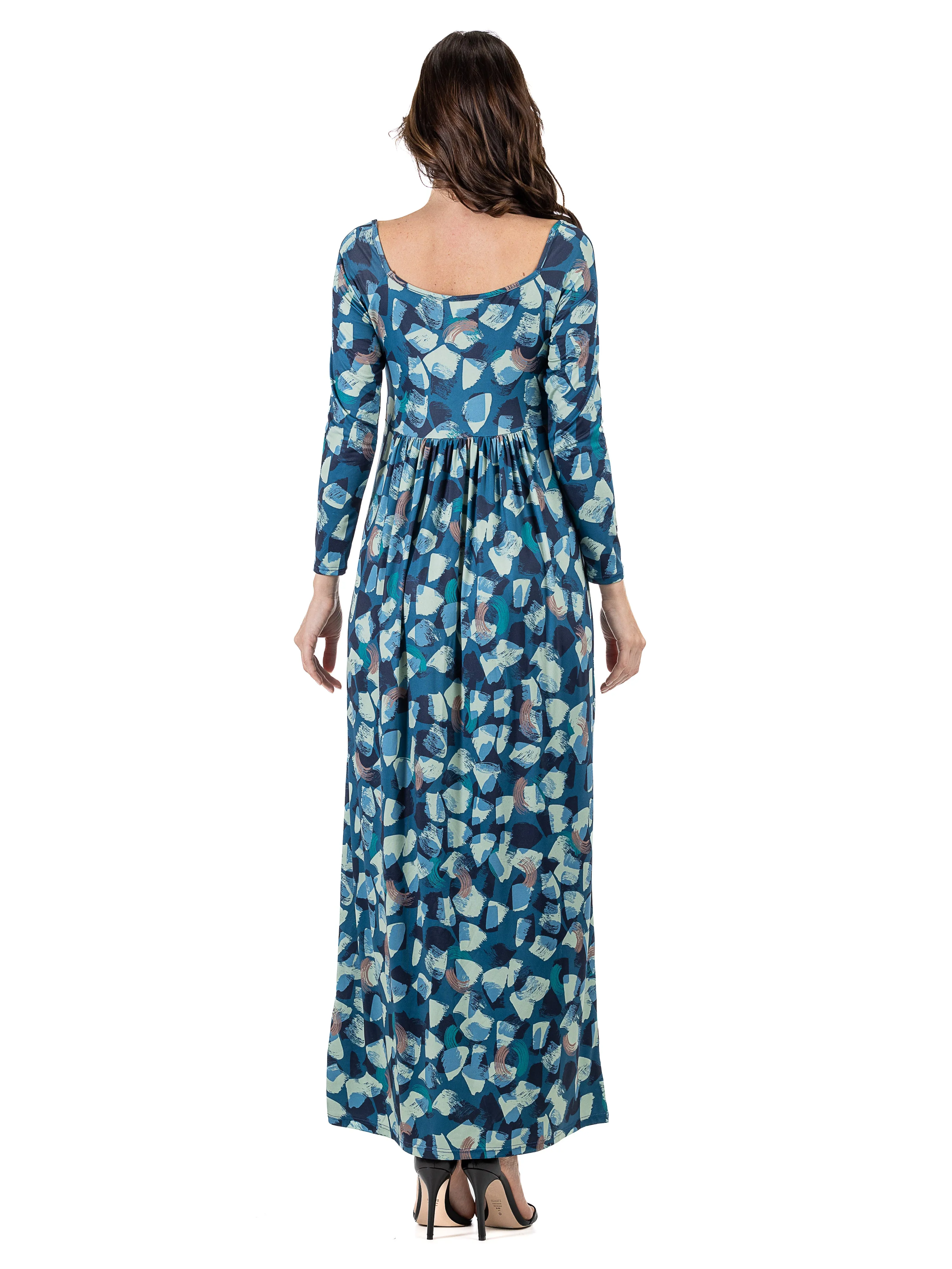 Blue Abstract Long Sleeve Pleated Maxi Dress