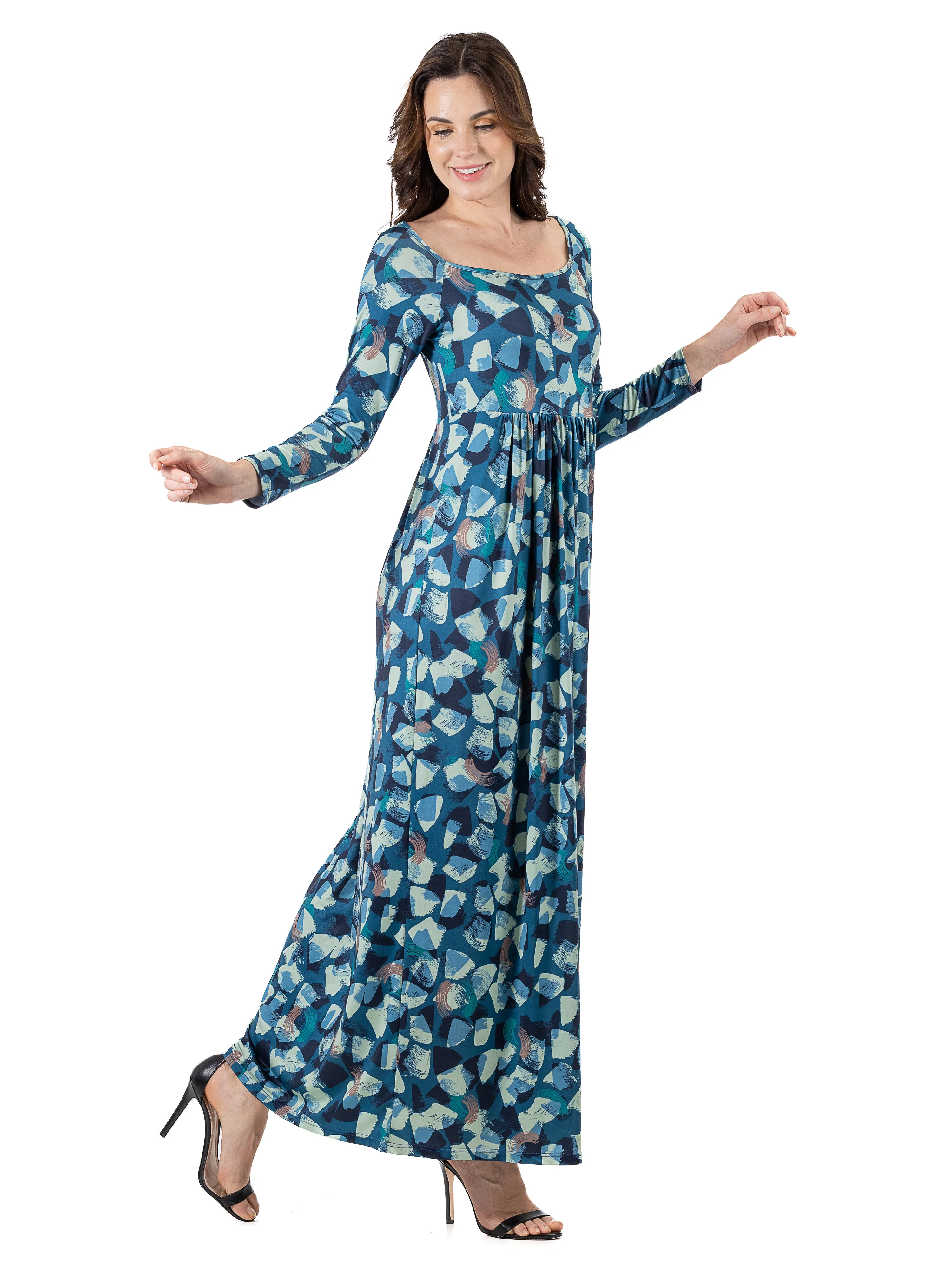 Blue Abstract Long Sleeve Pleated Maxi Dress