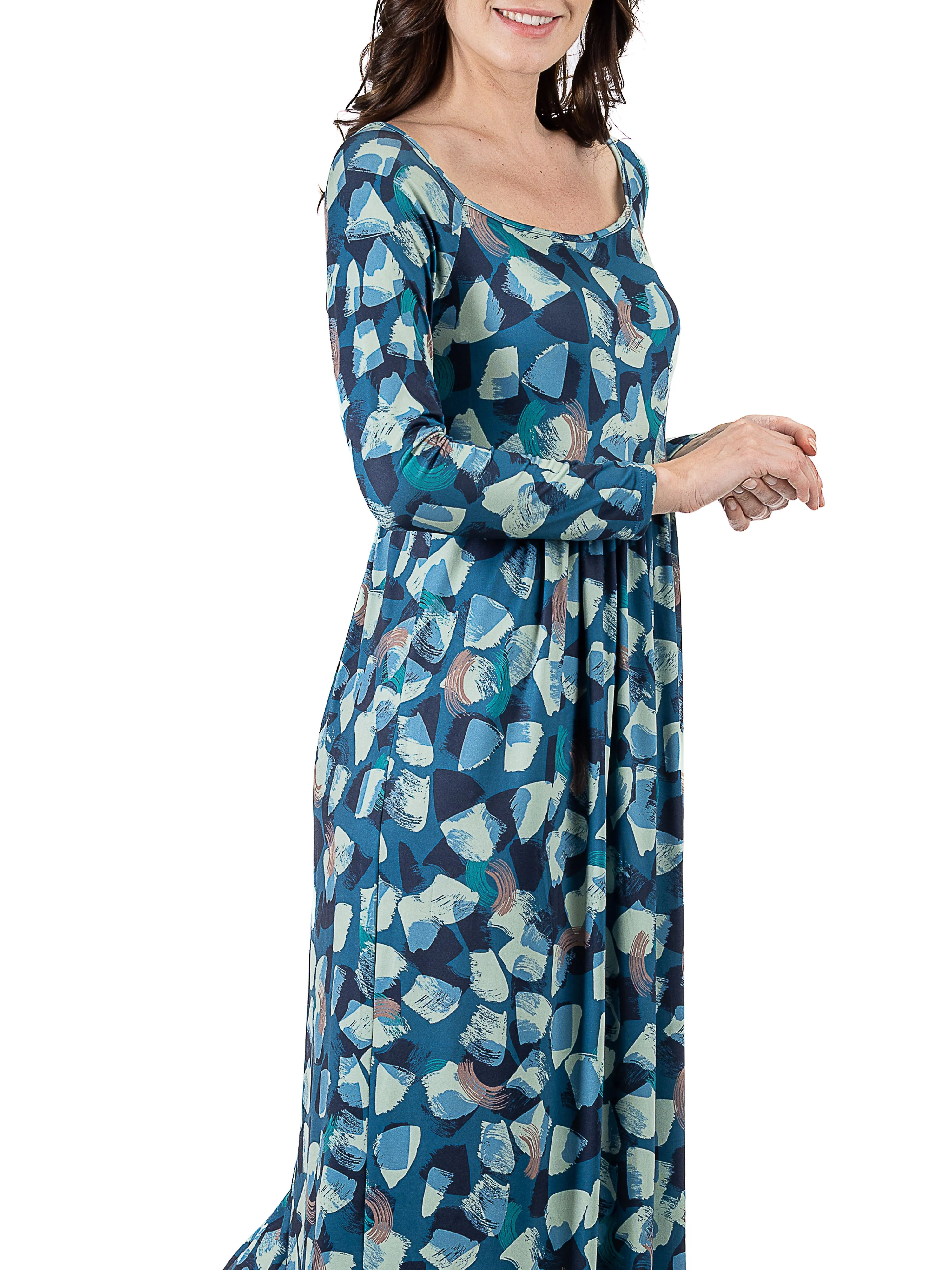 Blue Abstract Long Sleeve Pleated Maxi Dress