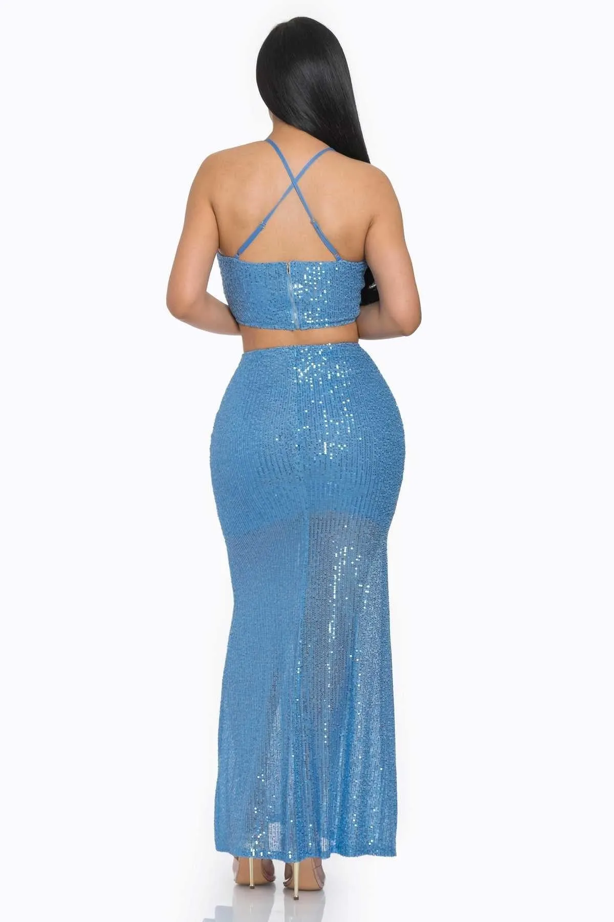 BLUE SEQUIN MAXI DRESS