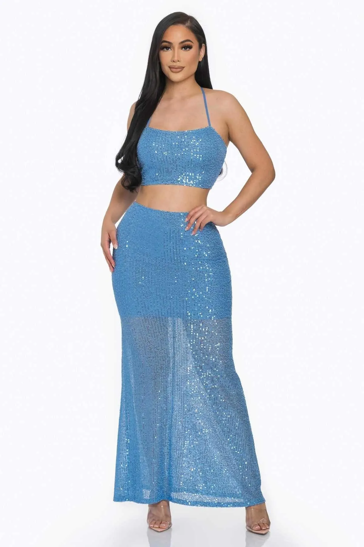 BLUE SEQUIN MAXI DRESS