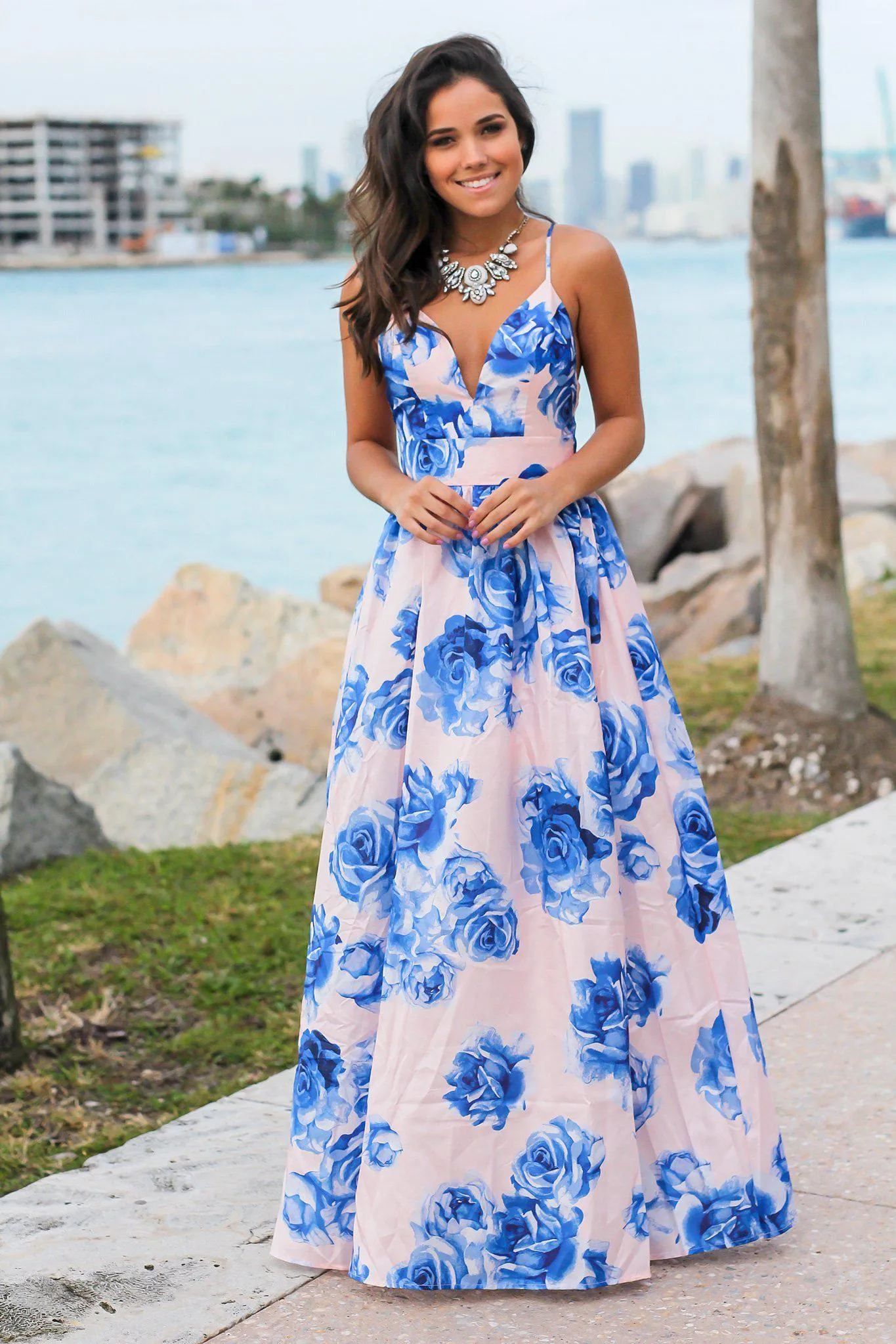 Blush and Blue Floral Maxi Dress with Criss Cross Back