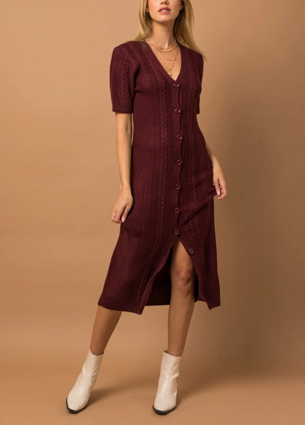 Bordeaux Cable Knit Sweater Dress